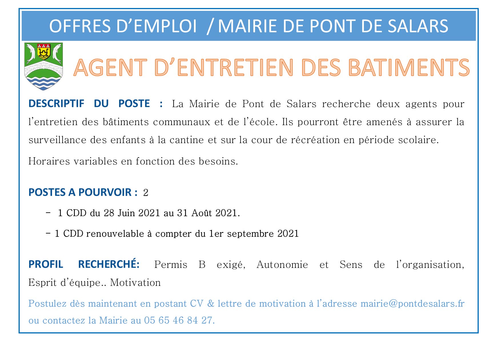 Lire la suite à propos de l’article OFFRES D’EMPLOI – AGENT D’ENTRETIEN DES BATIMENTS