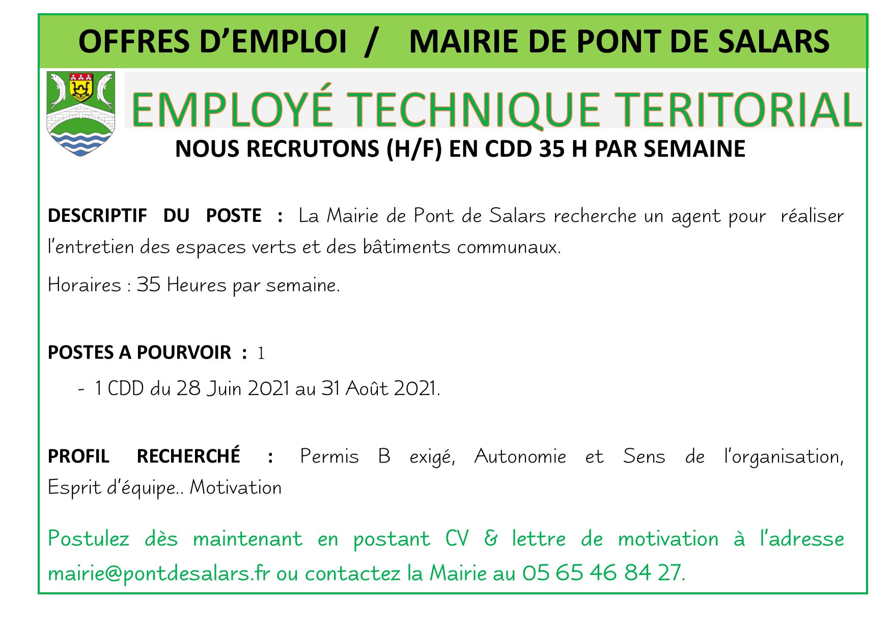 Lire la suite à propos de l’article OFFRE D’EMPLOI EMPLOYÉ TECHNIQUE TERRITORIAL