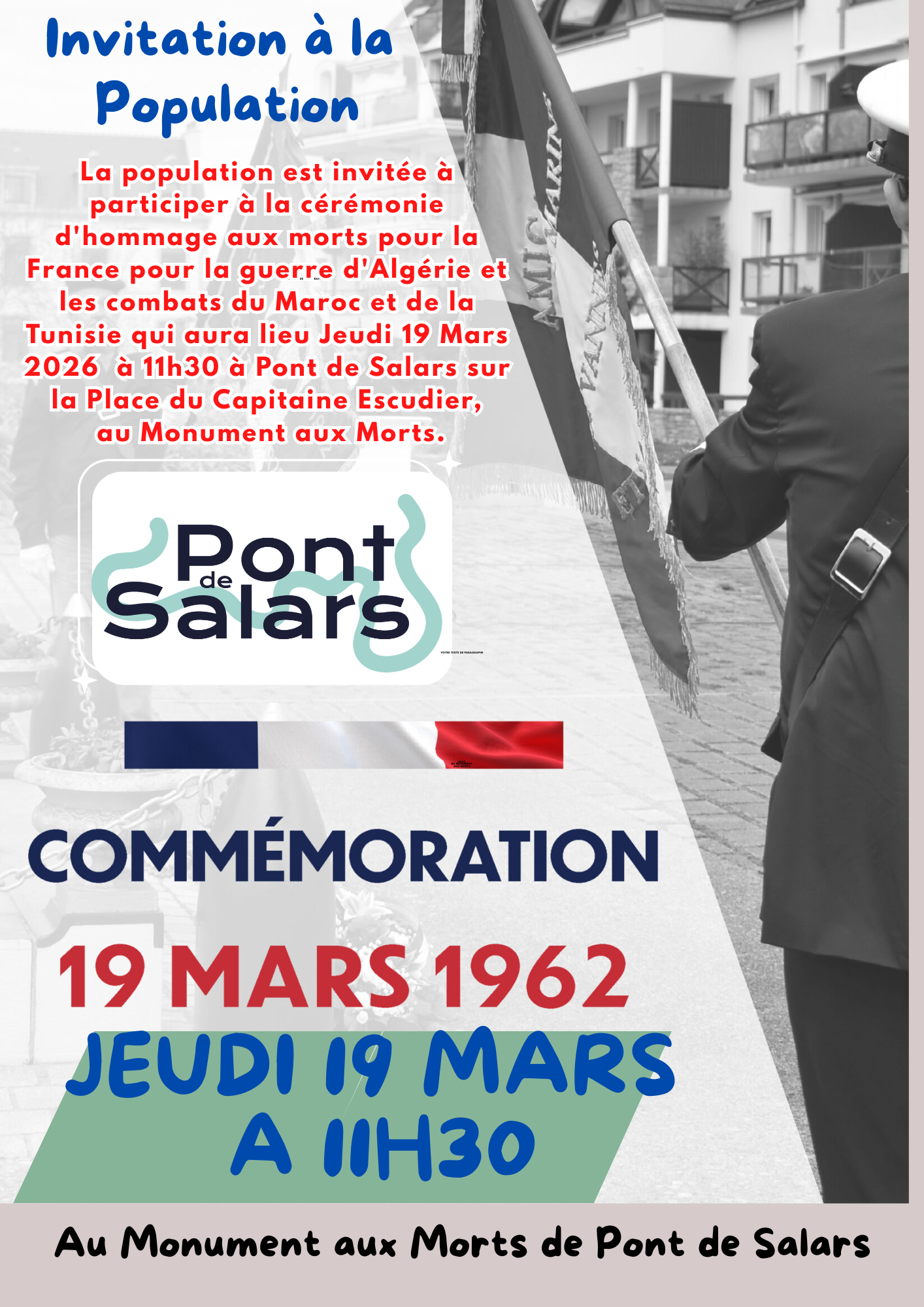 Lire la suite à propos de l’article Commémoration Jeudi 19 Mars à 11h30 au Monument aux Morts de Pont de Salars